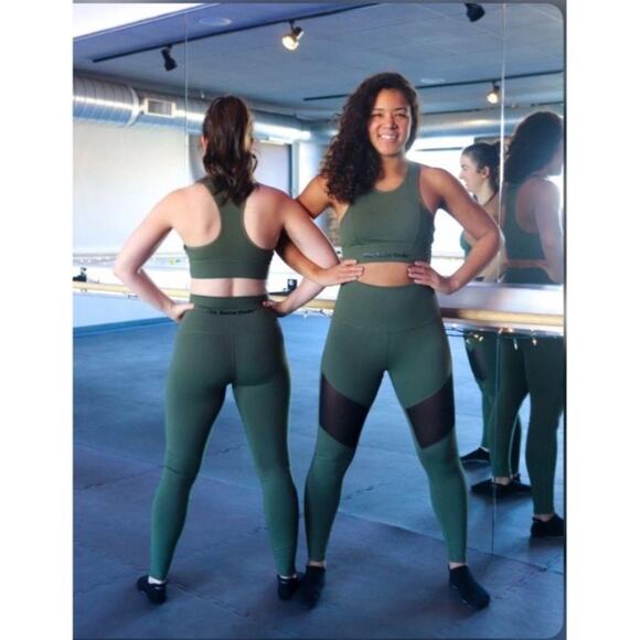 The Barre Code Army Green Leggings Black Mesh Knee - Picture 2 of 5